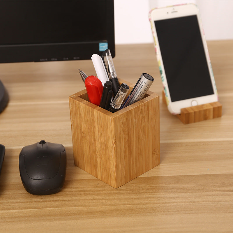 Natural bamboo square pen and makeup brush holder, view 3